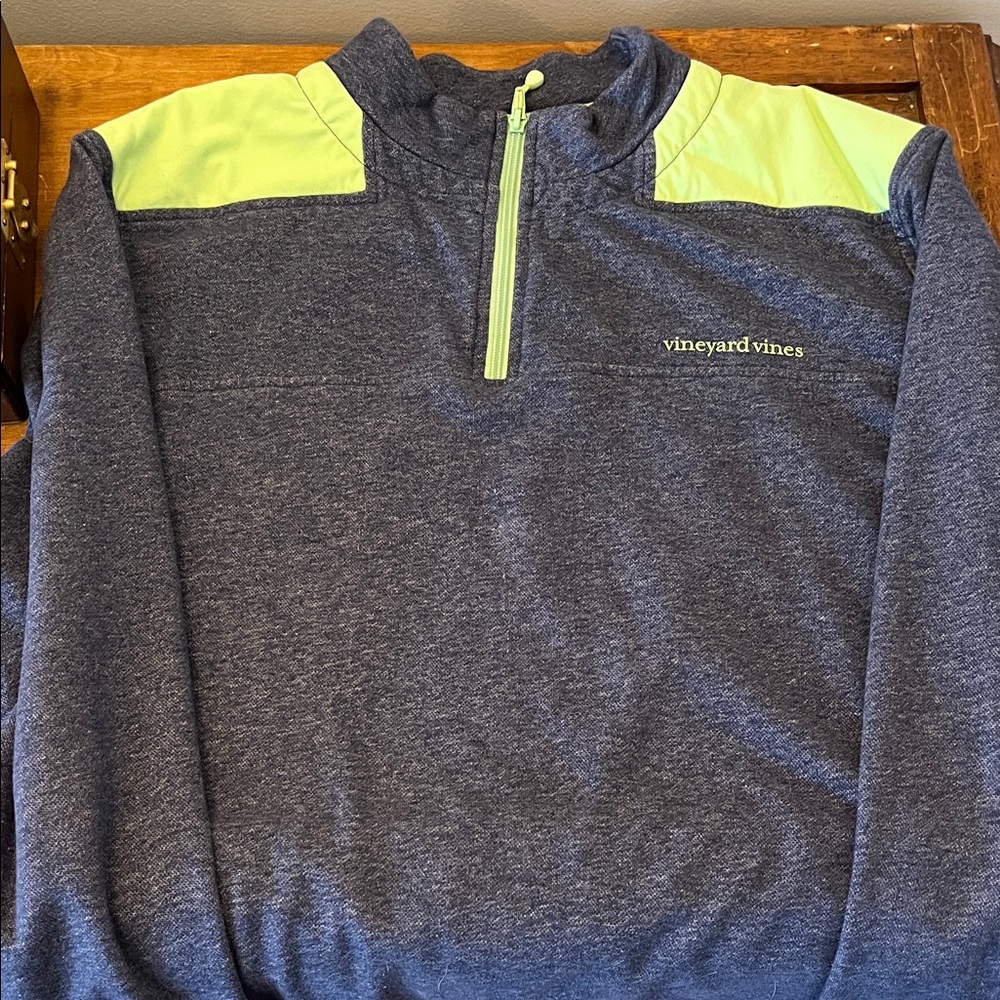 Vineyard Vines Heathered Blue and Lime Quarter-Zip